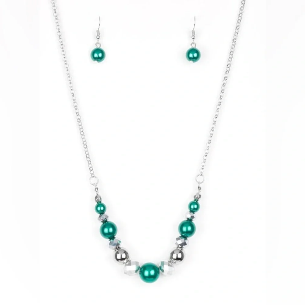 Green and Silver Necklace and Earrings Set